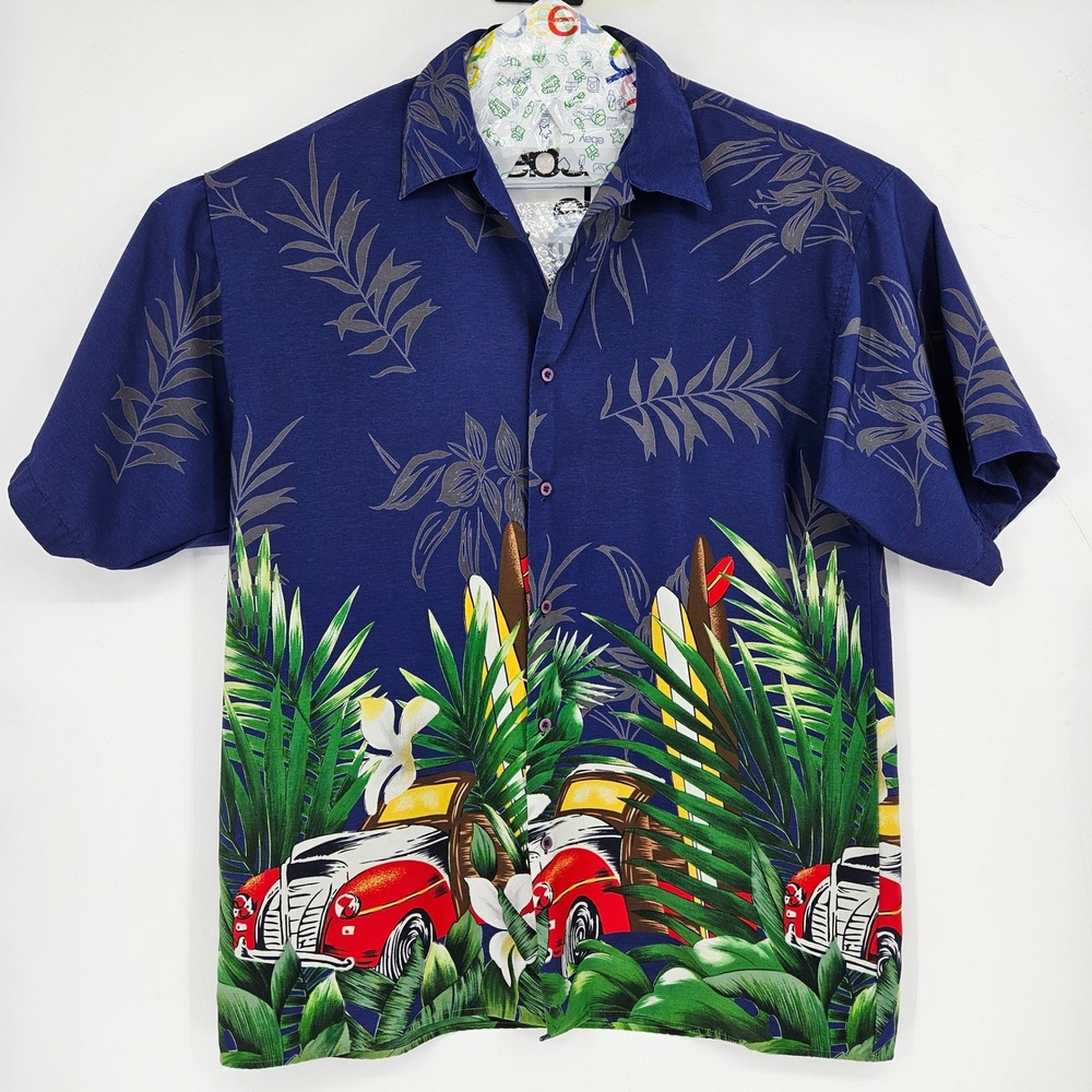 Vintage Koman Shirt Mens XL‎ Hawaiian Sport Button Up Palm Tree Cars AOP